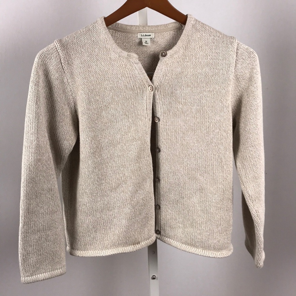 L.L. Bean pearl button cardigan cotton beige MP